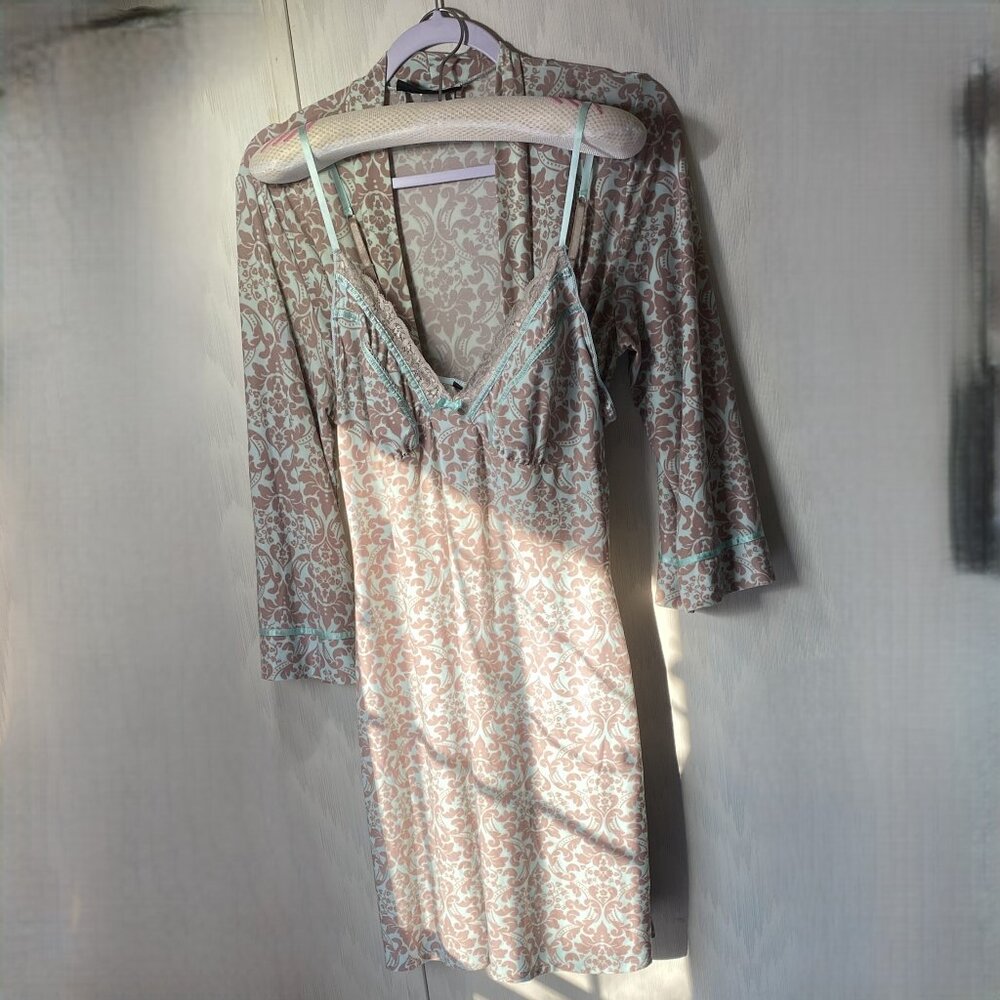 Studio Donatella Floral Lace Women's S/M Teal & Brown Robe & Chemise Nightgown
